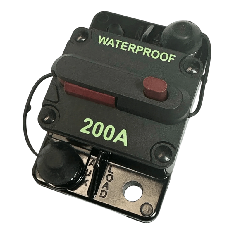 The PIERCE Breaker 200 Amp is a black waterproof manual reset breaker with a red reset button and terminal labels for battery and load, perfect for hydraulic pumps.