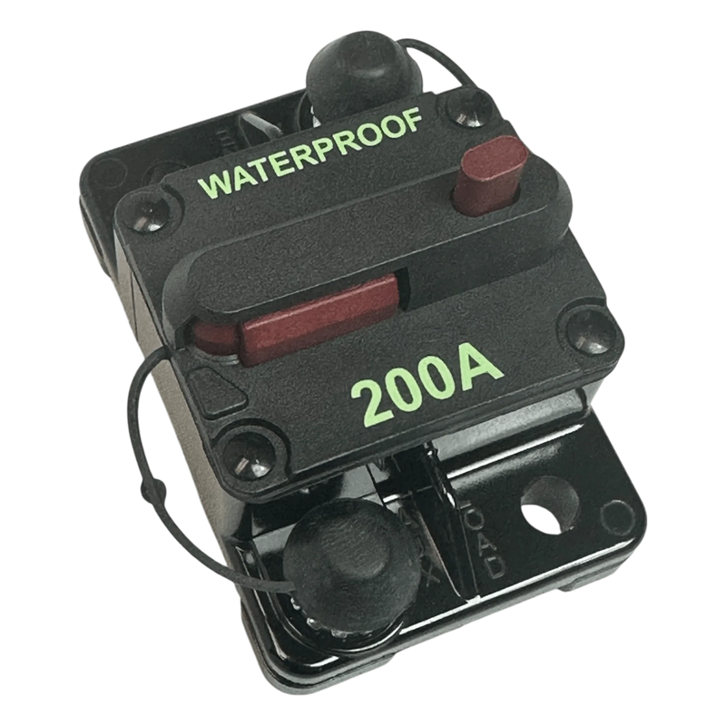 The PIERCE Breaker 200 Amp is a black, waterproof manual reset breaker with red switches and protective caps, perfect for hydraulic pumps and shown against a plain background.
