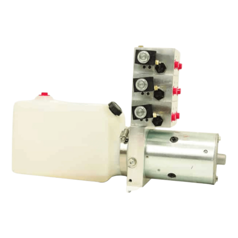 The Bucher Hydraulics Bucher 6 Way Valve Pump features a white fluid reservoir and metal valves, designed for wrecker use and compatible with Magnum III retractable wheel lift systems.