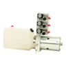 The Bucher Hydraulics Bucher 6 Way Valve Pump features a white fluid reservoir and metal valves, designed for wrecker use and compatible with Magnum III retractable wheel lift systems.