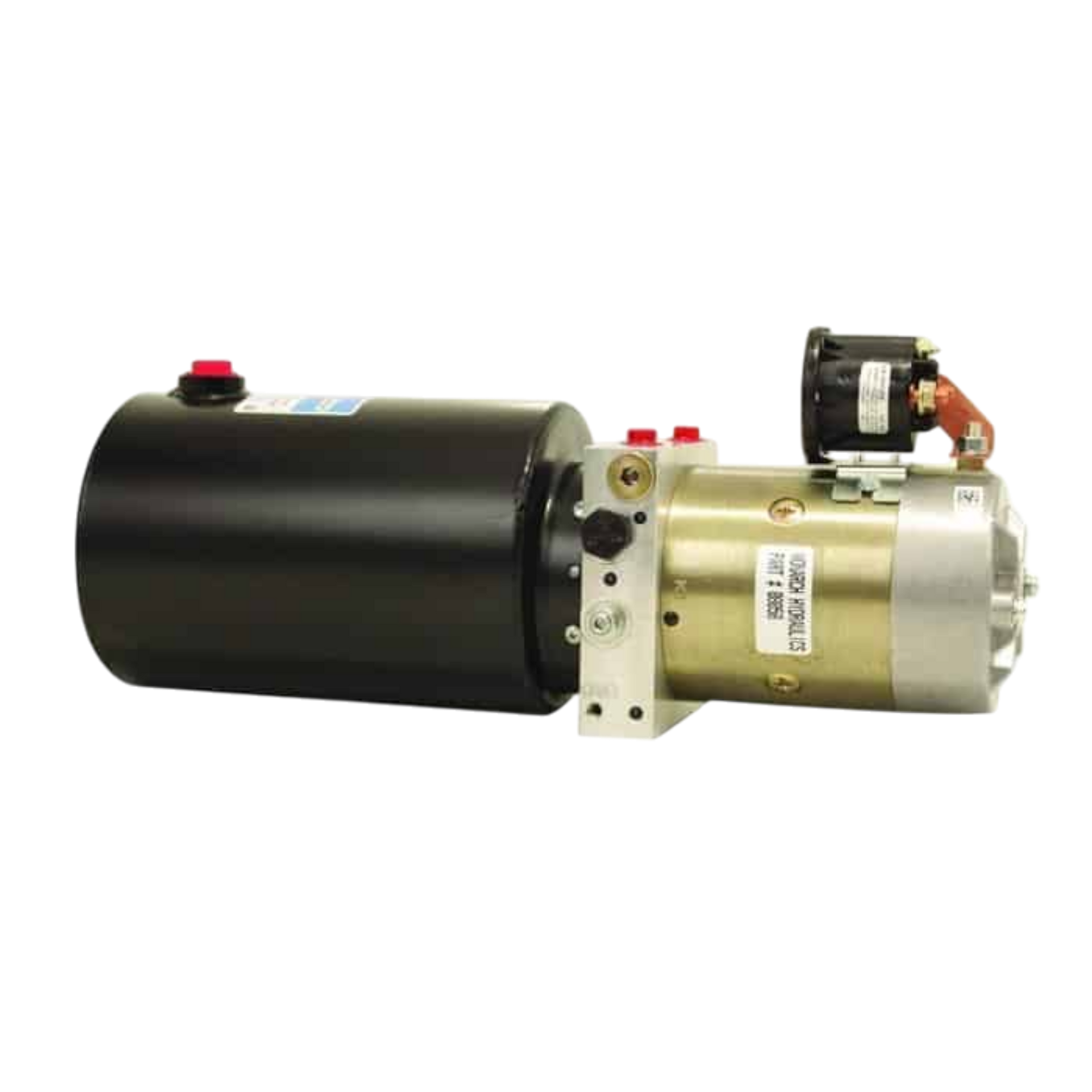 Black hydraulic power unit with a brass motor and connectors, featuring a Bucher Dual Action Hydraulic Pump (Power Up/Down), ISO9001 certified.