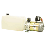 Bucher Hydraulics, Inc. Bucher Power Up, Gravity Down Hydraulic Power Unit with a white reservoir and 12V DC motor for single-acting cylinders, shown on a white background.