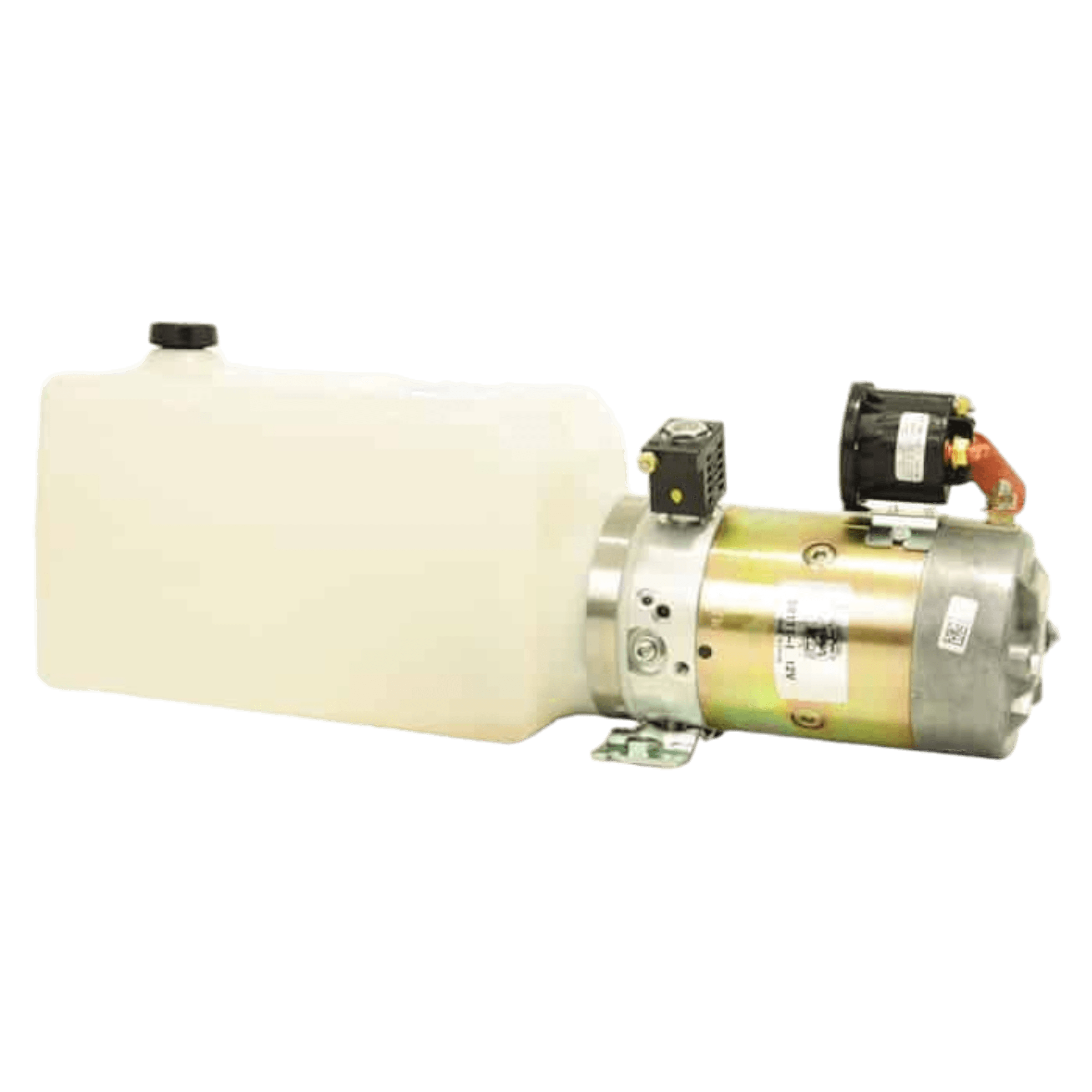 Bucher Hydraulics, Inc. Bucher Power Up, Gravity Down Hydraulic Power Unit with a white reservoir and 12V DC motor for single-acting cylinders, shown on a white background.