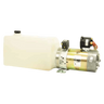 Bucher Hydraulics, Inc. Bucher Power Up, Gravity Down Hydraulic Power Unit with a white reservoir and 12V DC motor for single-acting cylinders, shown on a white background.