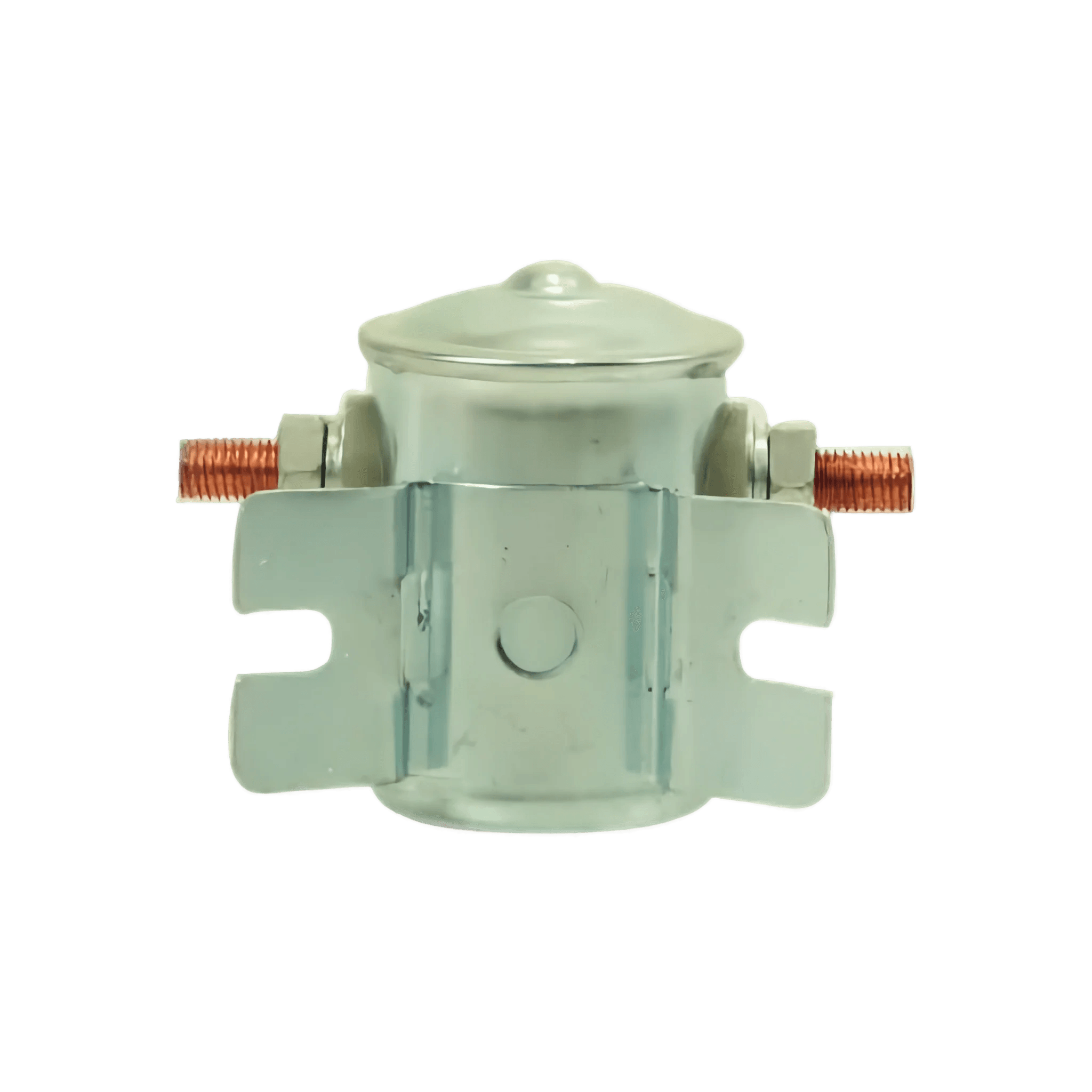 Bucher 12 Volt Pump Solenoid Style 1, a silver component with two copper terminals on a black background, resembles a hydraulic pump solenoid.