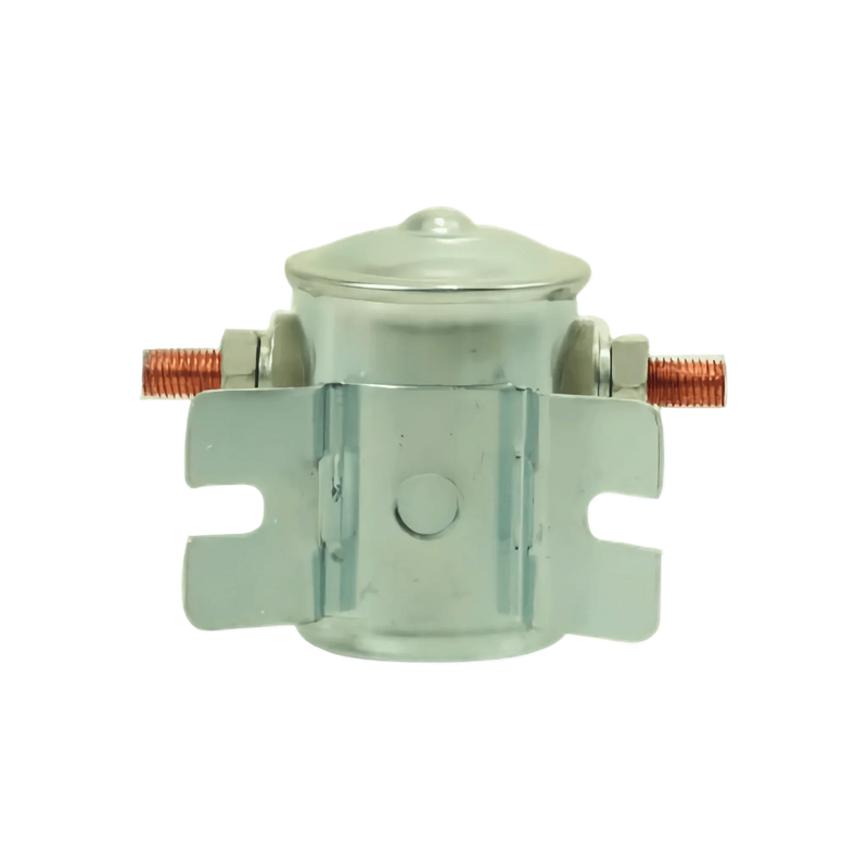 The SUV Parts and Accessories Bucher Pump 12 Volt Solenoid Style 1 features two copper terminals and a mounting bracket, designed for hydraulic pumps like MTE Fenner Monarch Bucher, shown against a white background.