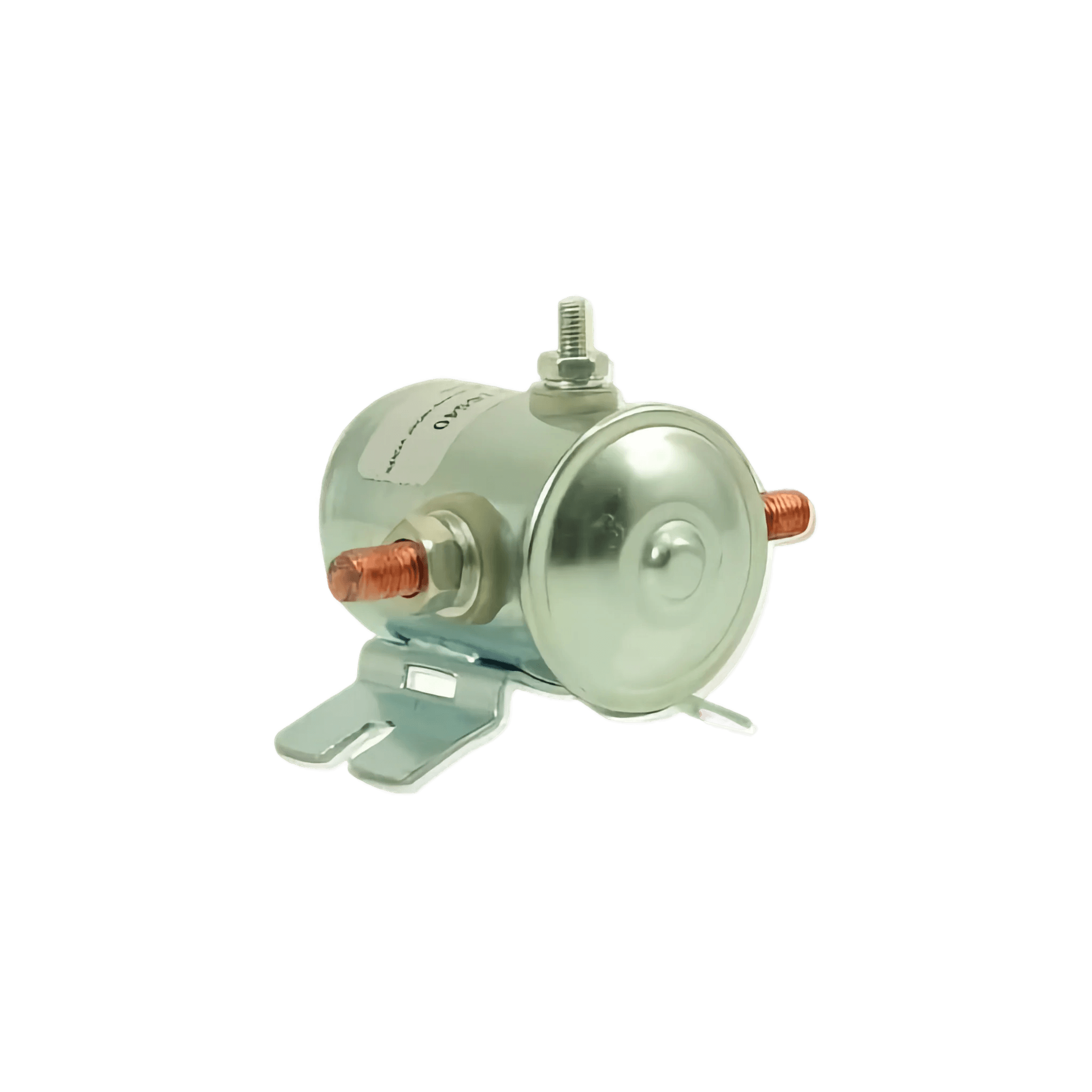 A Bucher Pump 12 Volt Solenoid Style 1, featuring a metal cylindrical hydraulic solenoid with copper terminals, stands against a black background.