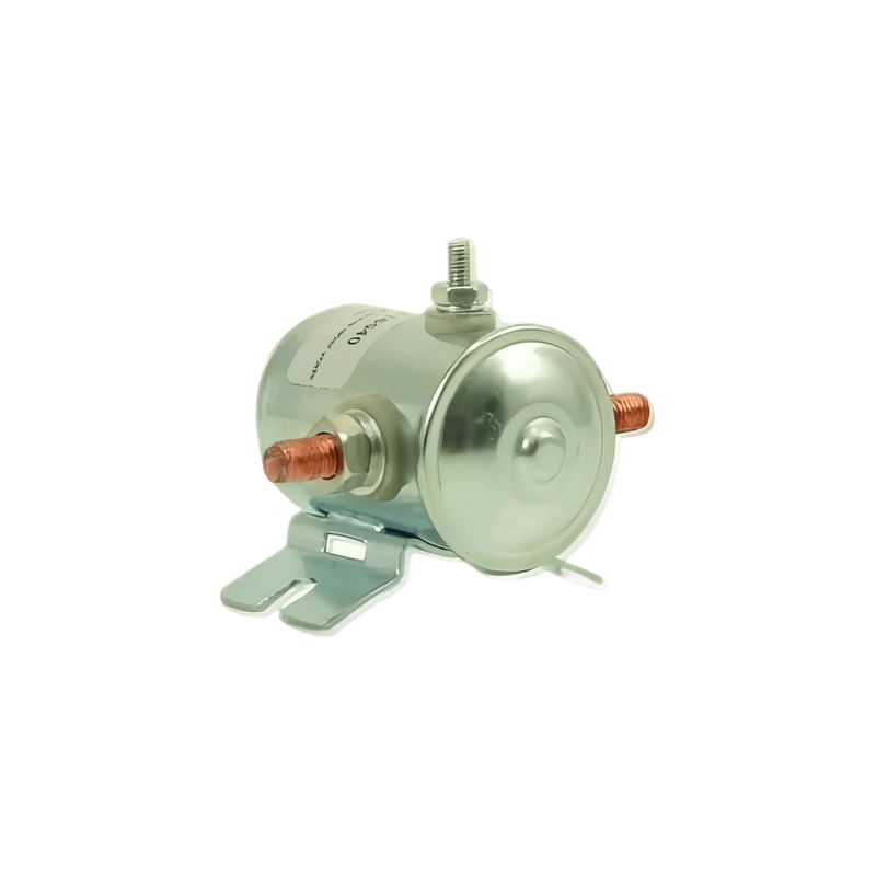 The SUV Parts and Accessories Bucher Pump 12 Volt Solenoid Style 1 is a silver cylindrical relay with copper terminals and a mounting bracket, compatible with hydraulic pumps such as MTE Fenner Monarch Bucher.