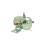 The SUV Parts and Accessories Bucher Pump 12 Volt Solenoid Style 1 is a silver cylindrical relay with copper terminals and a mounting bracket, compatible with hydraulic pumps such as MTE Fenner Monarch Bucher.