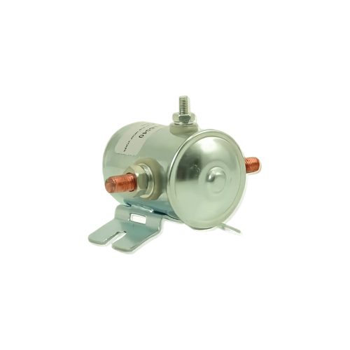 The Bucher Pump 12 Volt Solenoid Style 1 by SUV Parts and Accessories is a metal relay with copper terminals and a mounting bracket, shown on a white background. Compatible with MTE Fenner Monarch Bucher hydraulic systems.