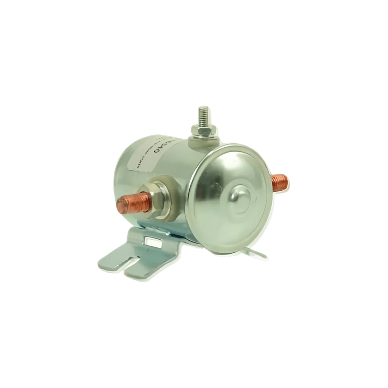 The Bucher Pump 12 Volt Solenoid Style 1 by SUV Parts and Accessories is a metal relay with copper terminals and a mounting bracket, shown on a white background. Compatible with MTE Fenner Monarch Bucher hydraulic systems.