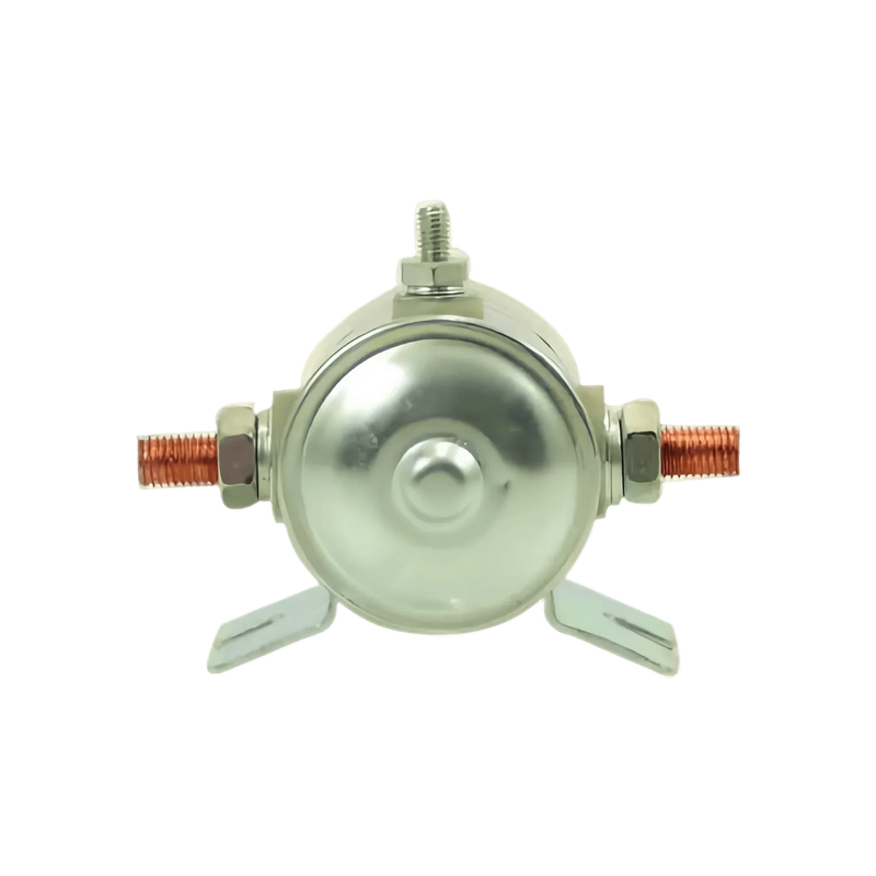 Front view of the Bucher Pump 12 Volt Solenoid Style 1 by SUV Parts and Accessories, featuring copper terminals on both sides and a mounting bracket. Compatible with MTE Fenner Monarch Bucher hydraulic pump systems.