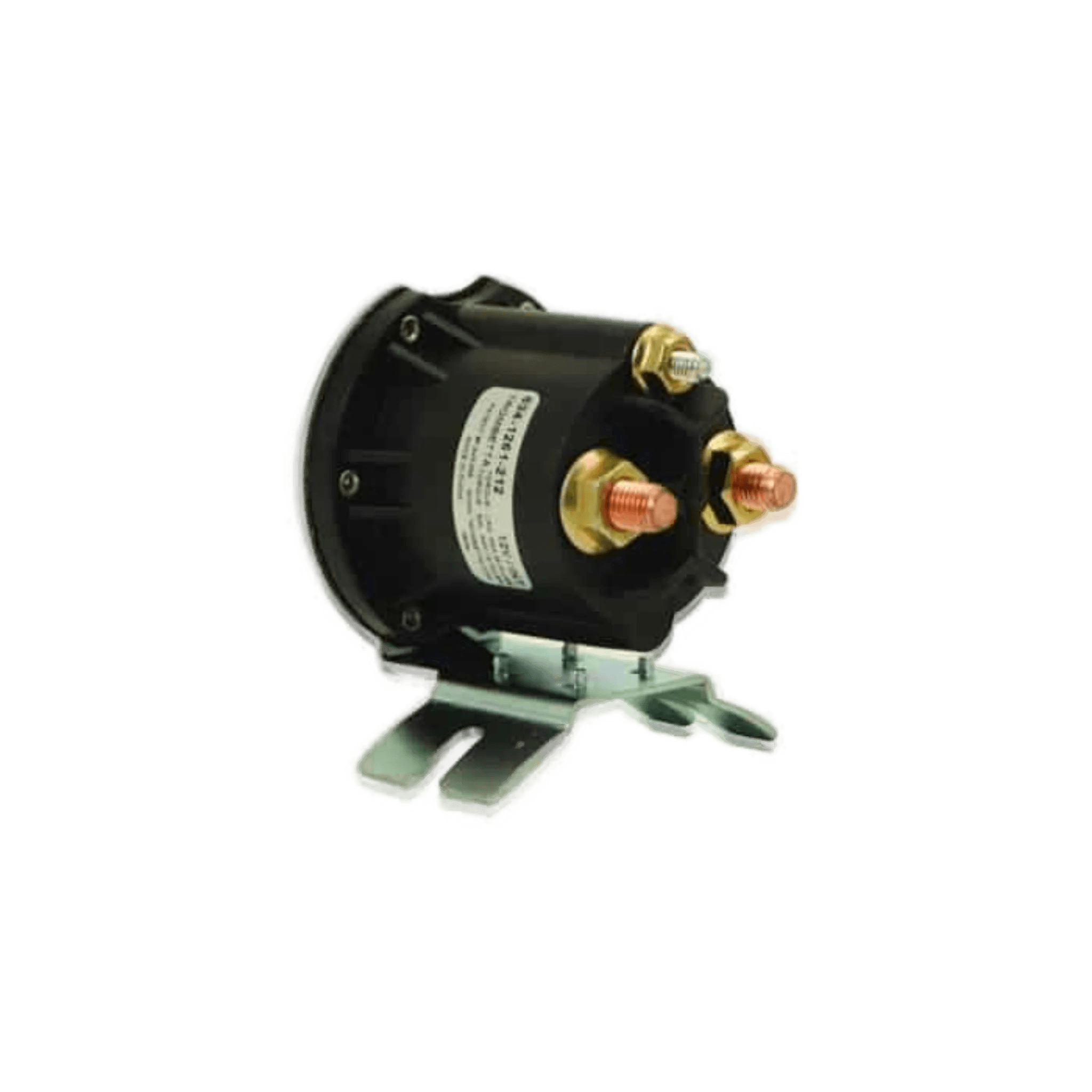 The Bucher Hydraulics, Inc. Bucher Pump 12 Volt Solenoid Style 2 is a black cylindrical relay with two copper terminals, mounted on a metal bracket and isolated on white, designed as a replacement for Bucher pumps.