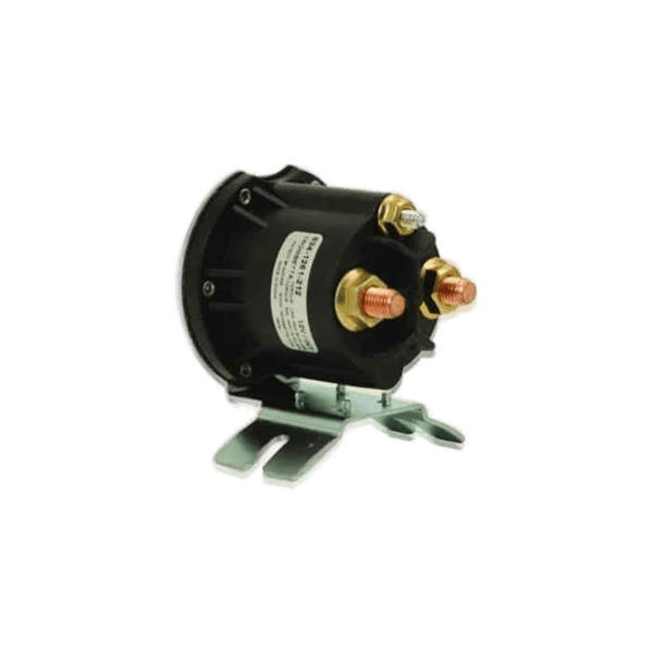 The Bucher Hydraulics, Inc. Bucher Pump 12 Volt Solenoid Style 2 is a black cylindrical relay with two copper terminals, mounted on a metal bracket and isolated on white, designed as a replacement for Bucher pumps.