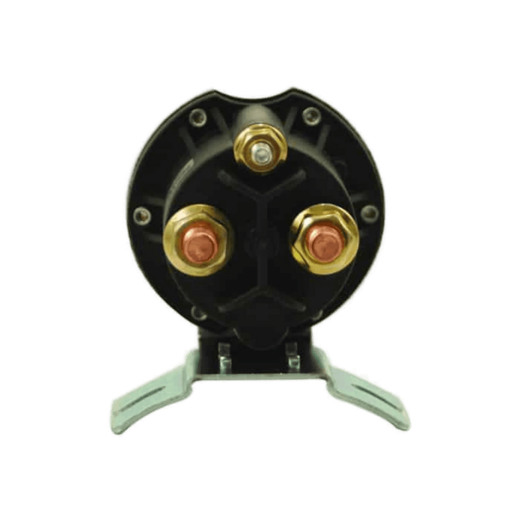 The Bucher Hydraulics, Inc. Bucher Pump 12 Volt Solenoid Style 2 features three metal terminals and a metal mounting bracket, making it an ideal replacement part for Bucher pumps.