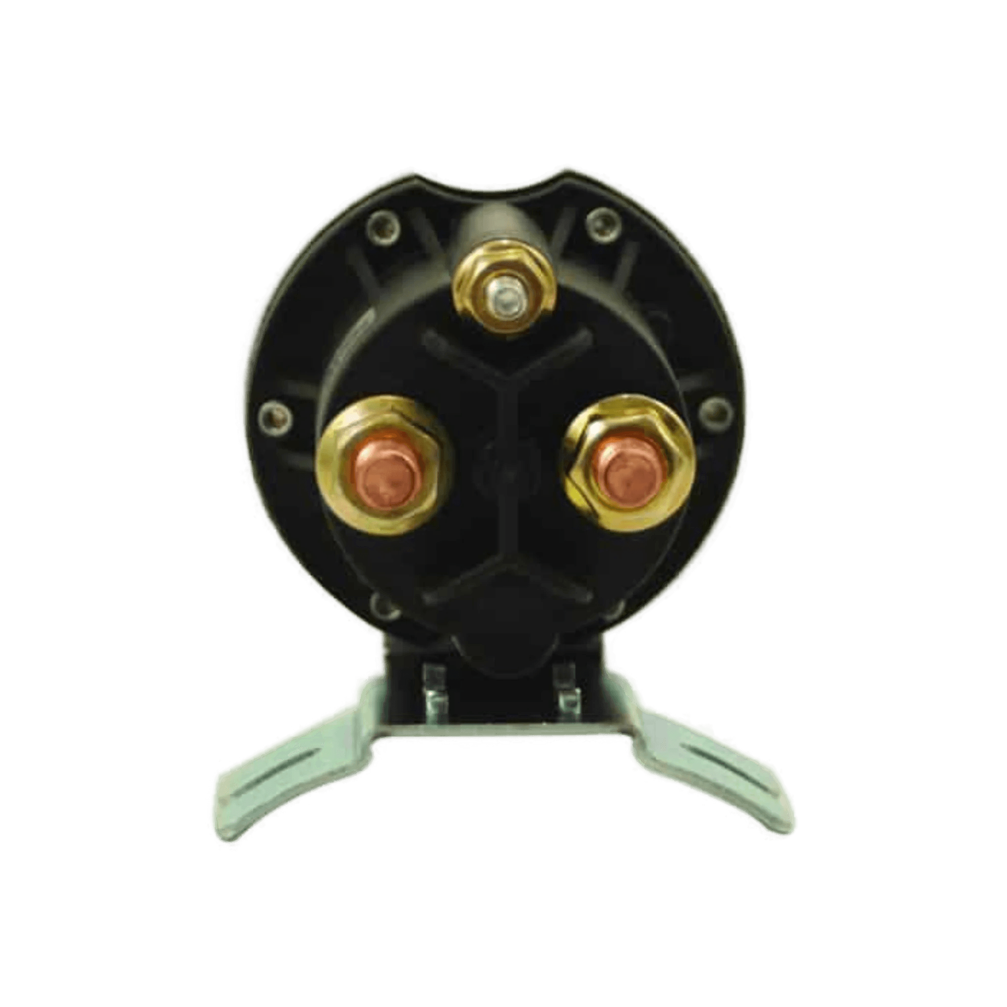 Front view of the Bucher Hydraulics Bucher Pump 12 Volt Solenoid Style 2 with three terminals, securely mounted on a metal bracket—perfect as a dependable replacement part.