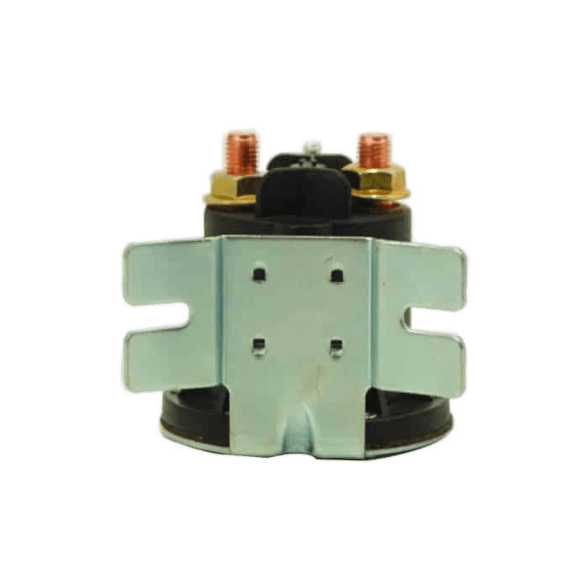 The Bucher Hydraulics Pump 12 Volt Solenoid Style 2 features a front-facing view with a mounting bracket and two top copper terminals, making it an ideal replacement part for Bucher pumps.