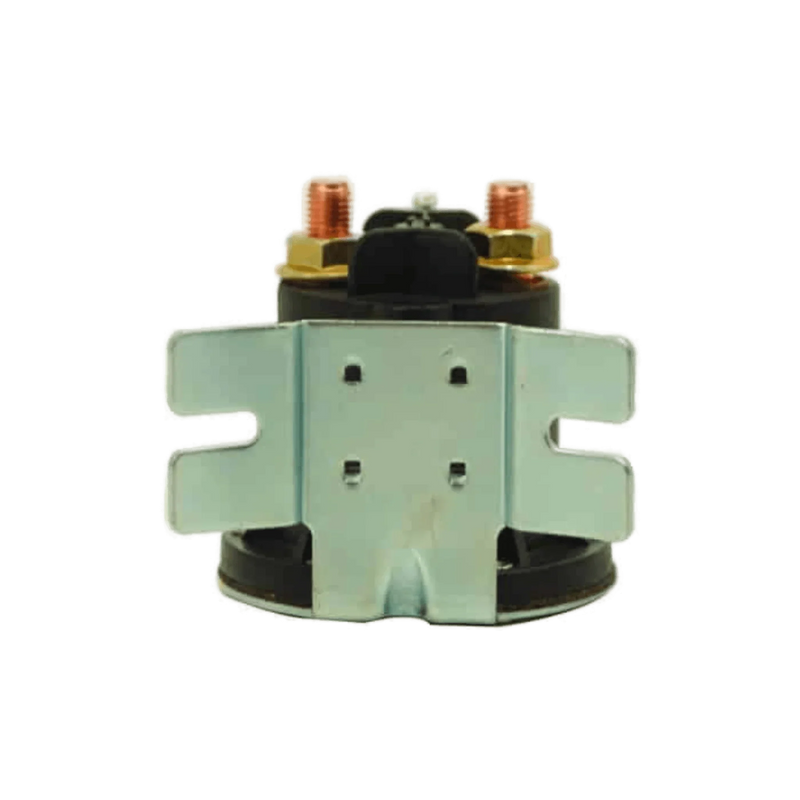 The Bucher Hydraulics, Inc. Bucher Pump 12 Volt Solenoid Style 2 features a metal mounting bracket and two copper terminals—ideal as a reliable replacement part.