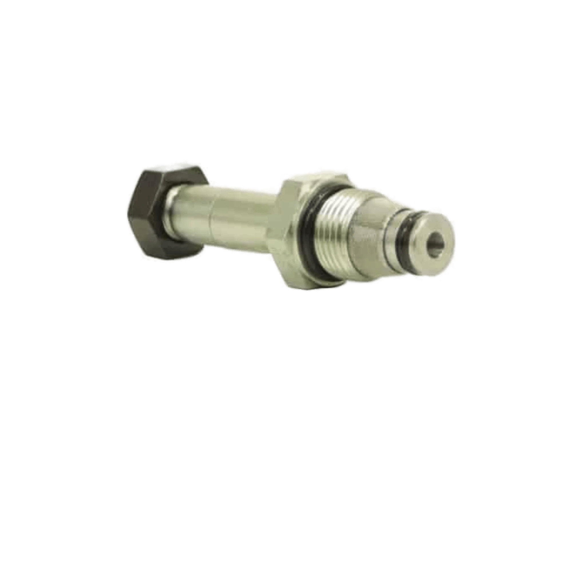 Bucher Pump Valve in silver metal, featuring hydraulic functionality with threaded ends and a hexagonal nut, isolated against a white background.
