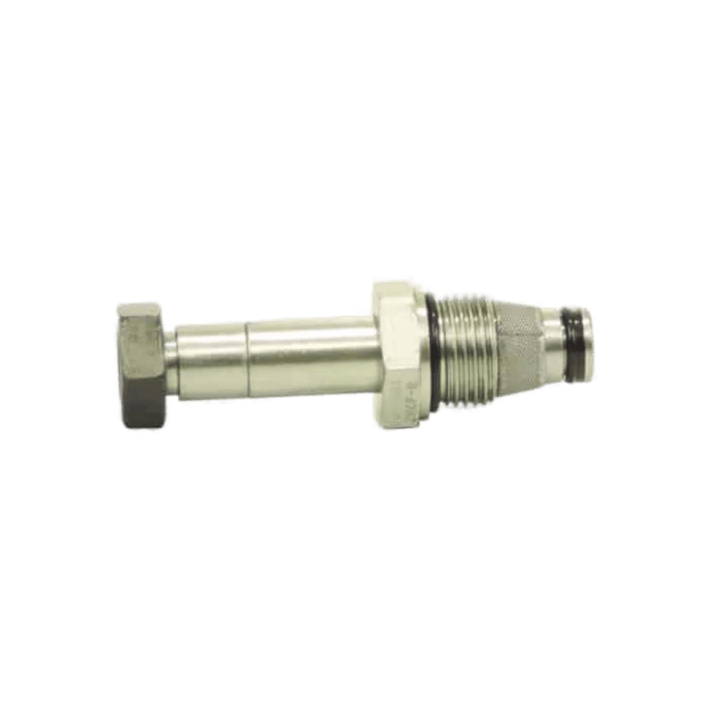 The Bucher Hydraulics, Inc. Bucher Pump Valve, shown on a white background, features a threaded body and hexagonal head and is suitable as a replacement part for the PM319 pump.