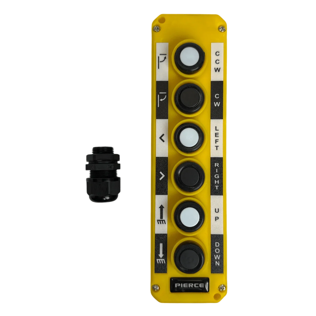 The Asetek Enterprise Company LTD Universal Momentary Pendant Control - 6 Button features six clearly labeled black and white buttons for directional movement, making it ideal as a replacement pendant for hydraulic power units. Connector included.