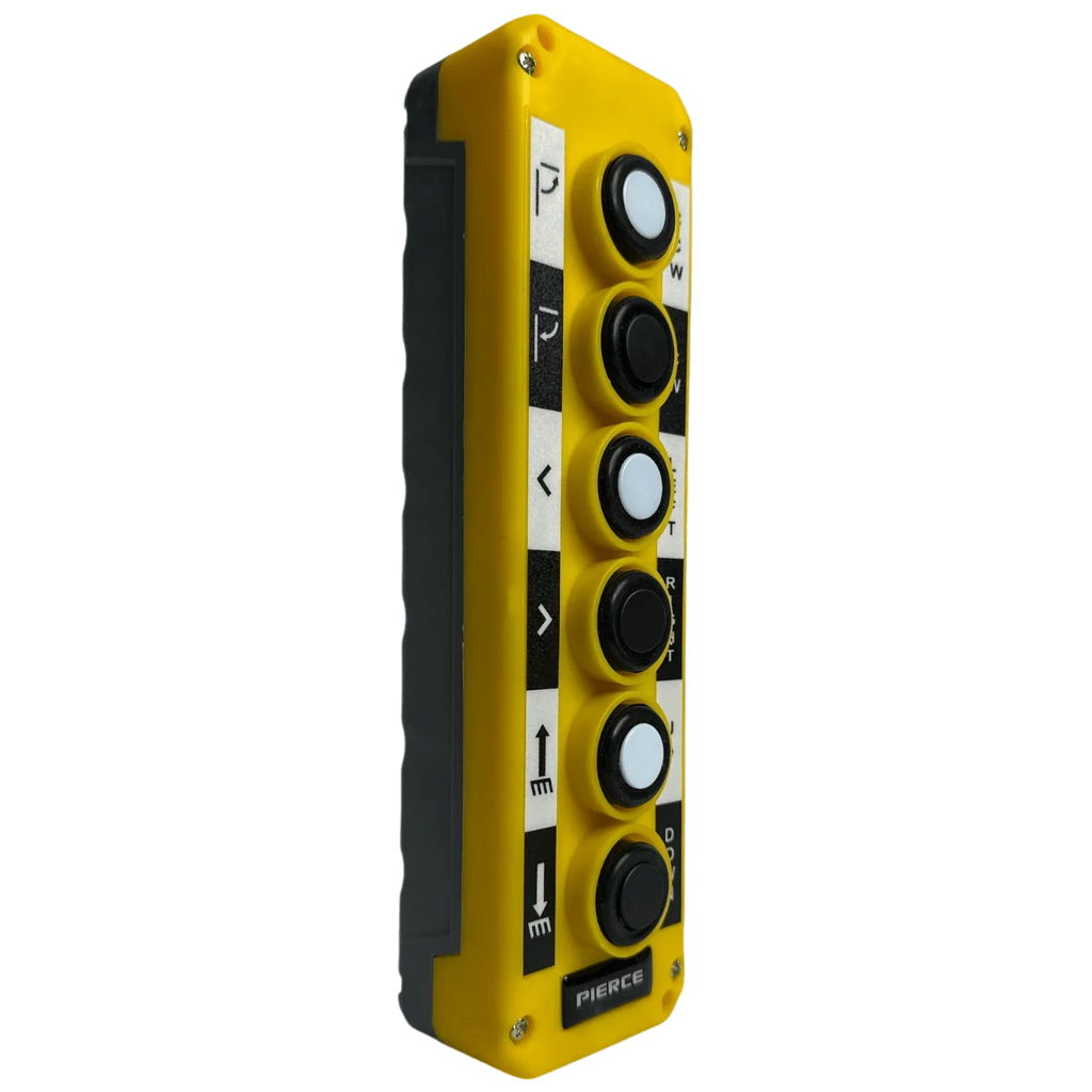 The Asetek Enterprise Company LTD Universal Momentary Pendant Control - 6 Button features a yellow industrial design with six vertically arranged black and white buttons.