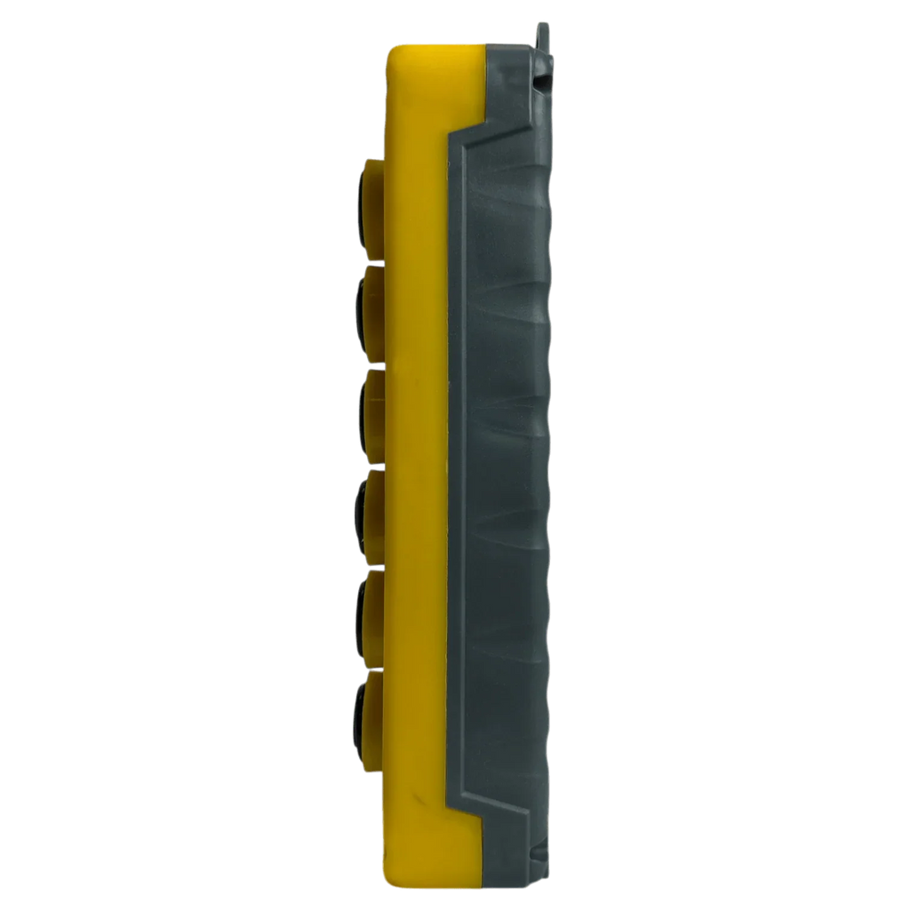 Side view of the Asetek Enterprise Company LTD Universal Momentary Pendant Control—6 Button, a yellow and black handheld device with six round buttons, ideal as a replacement pendant for hydraulic power units.