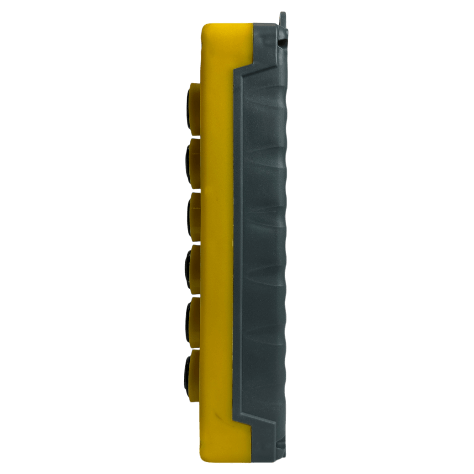 Side view of the Asetek Enterprise Company LTD Universal Momentary Pendant Control—6 Button, a yellow and black handheld device with six round buttons, ideal as a replacement pendant for hydraulic power units.