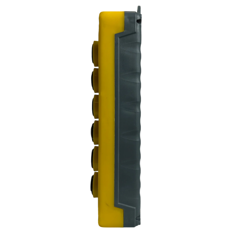 Side view of the Asetek Enterprise Company LTD Universal Momentary Pendant Control—6 Button, a yellow and black handheld device with six round buttons, ideal as a replacement pendant for hydraulic power units.