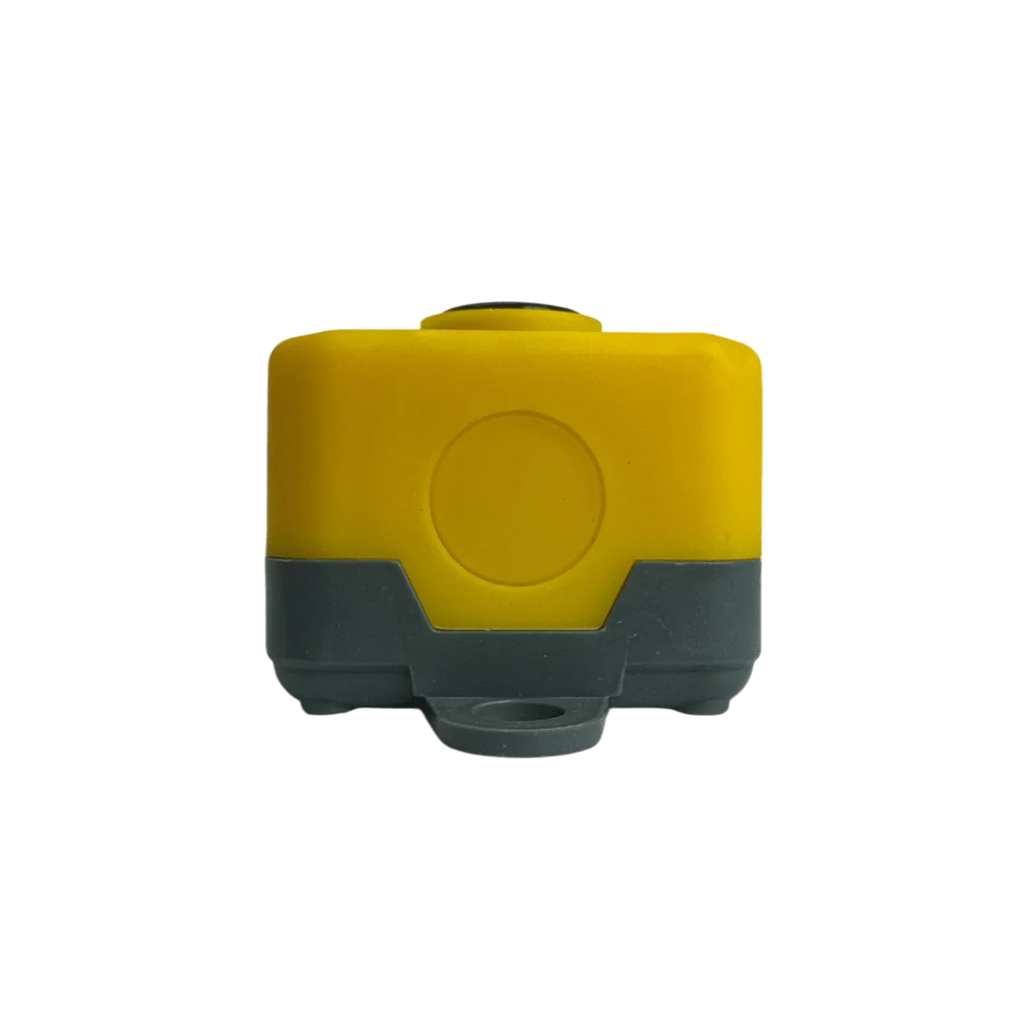 The Asetek Enterprise Universal Momentary Pendant Control – 6 Button is a compact, rectangular yellow and gray device with a round top button, perfect as a replacement pendant for hydraulic power units.