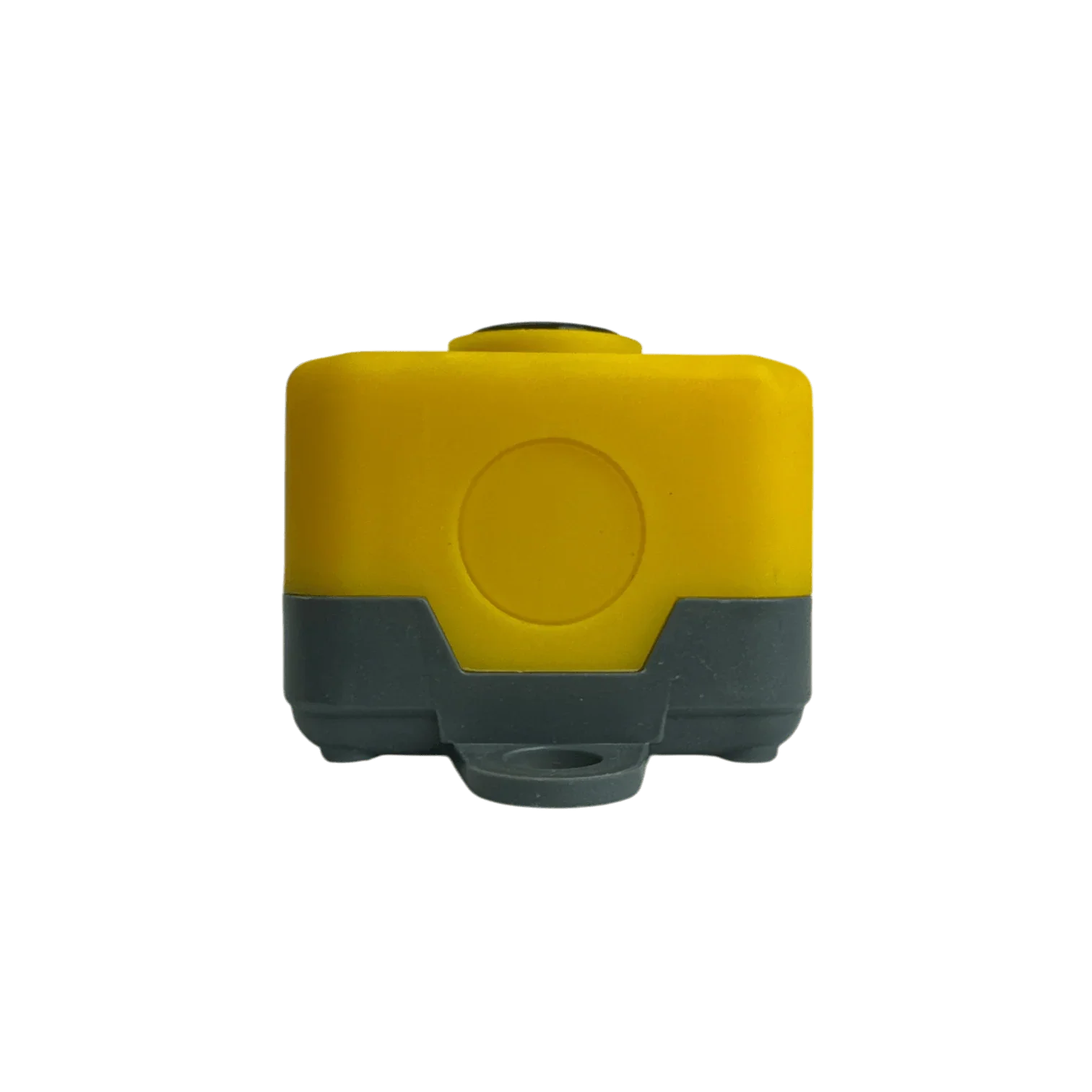 The Asetek Enterprise Universal Momentary Pendant Control – 6 Button is a compact, rectangular yellow and gray device with a round top button, perfect as a replacement pendant for hydraulic power units.