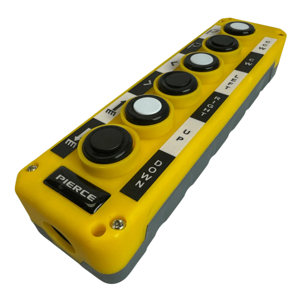 Asetek Enterprise Company LTD Universal Momentary Pendant Control - 6 Button, yellow with black buttons and directional labels, perfect replacement for hydraulic power units; displayed on a white background.