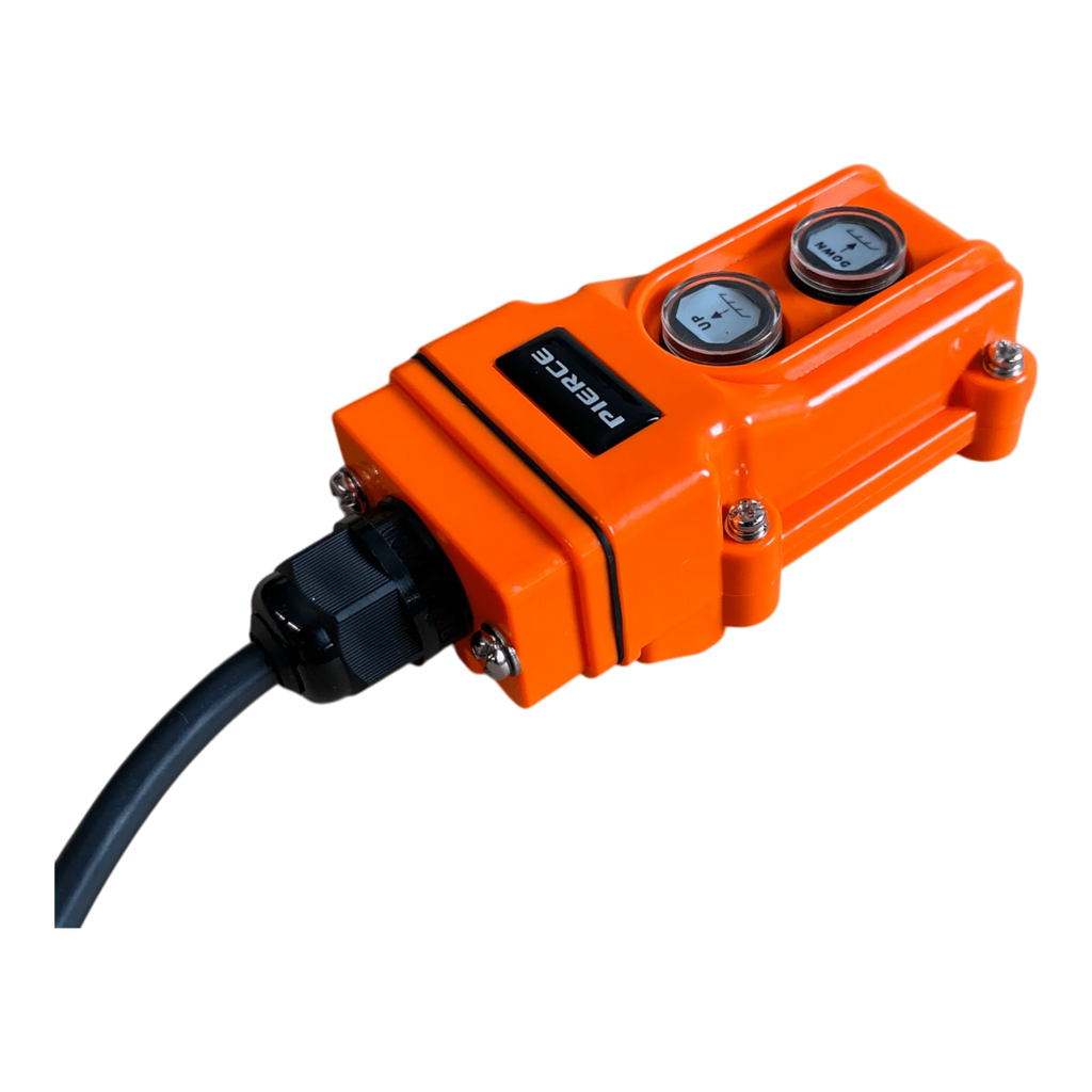The PIERCE 2 function Momentary Hard-Wired Control Pendant features two gauges, a black 15 ft. cord, and a water-resistant orange design, shown isolated on a white background.