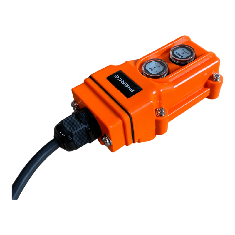 The PIERCE 2 function Momentary Hard-Wired Control Pendant features two gauges, a black 15 ft. cord, and a water-resistant orange design, shown isolated on a white background.