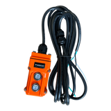 The PIERCE 2 Function Momentary Hard-Wired Control Pendant features Up/Down buttons, a durable water-resistant design, and a 15 ft. cord, ensuring reliable operation in tough environments.