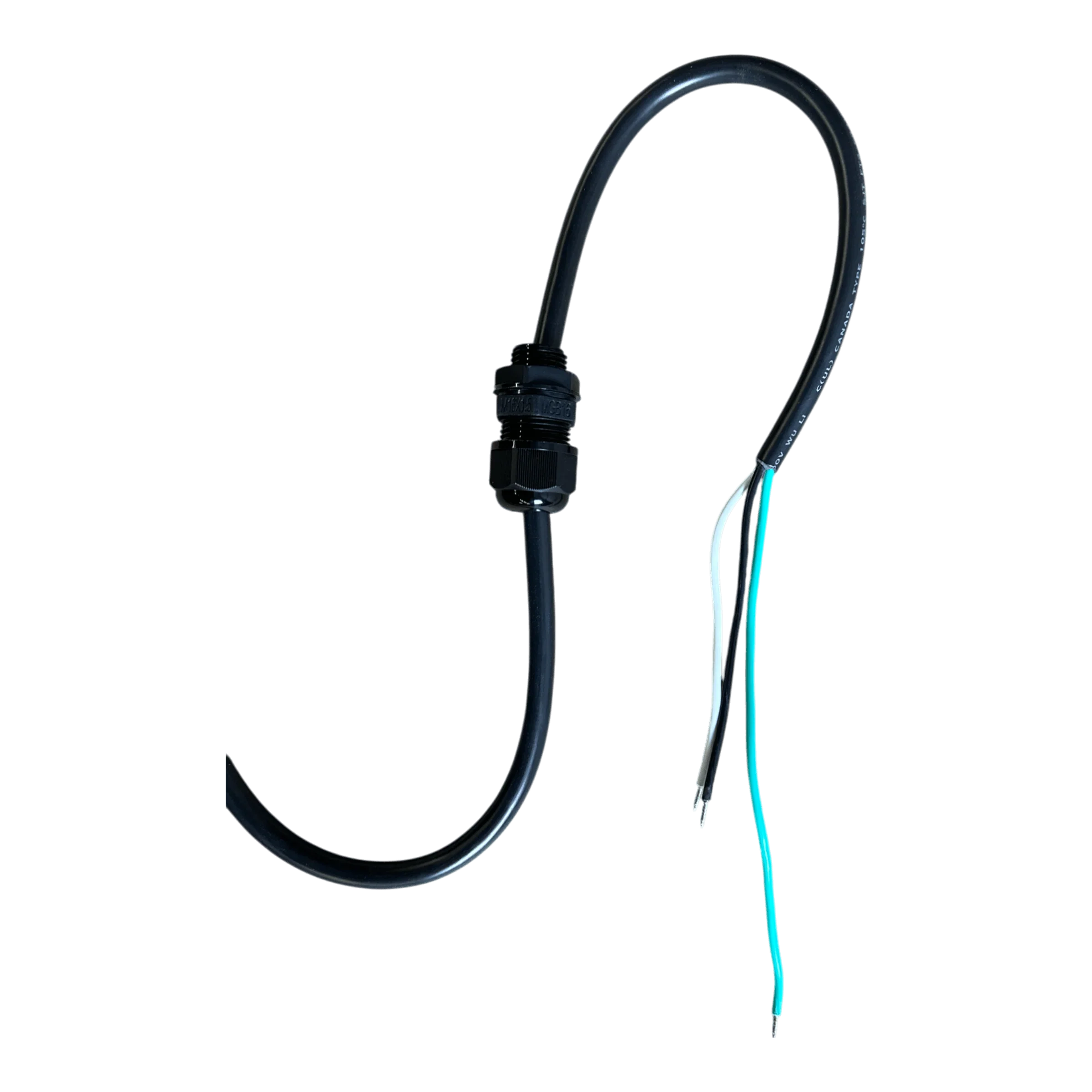 The PIERCE 2 Function Momentary Hard-Wired Control Pendant features a 15 ft. black cable with a connector and three exposed wires—black, white, and green—ideal for use in water-resistant or industrial control settings.