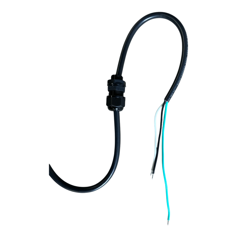 The PIERCE 2 Function Momentary Hard-Wired Control Pendant features a 15 ft. black cable with a connector and three exposed wires—black, white, and green—ideal for use in water-resistant or industrial control settings.