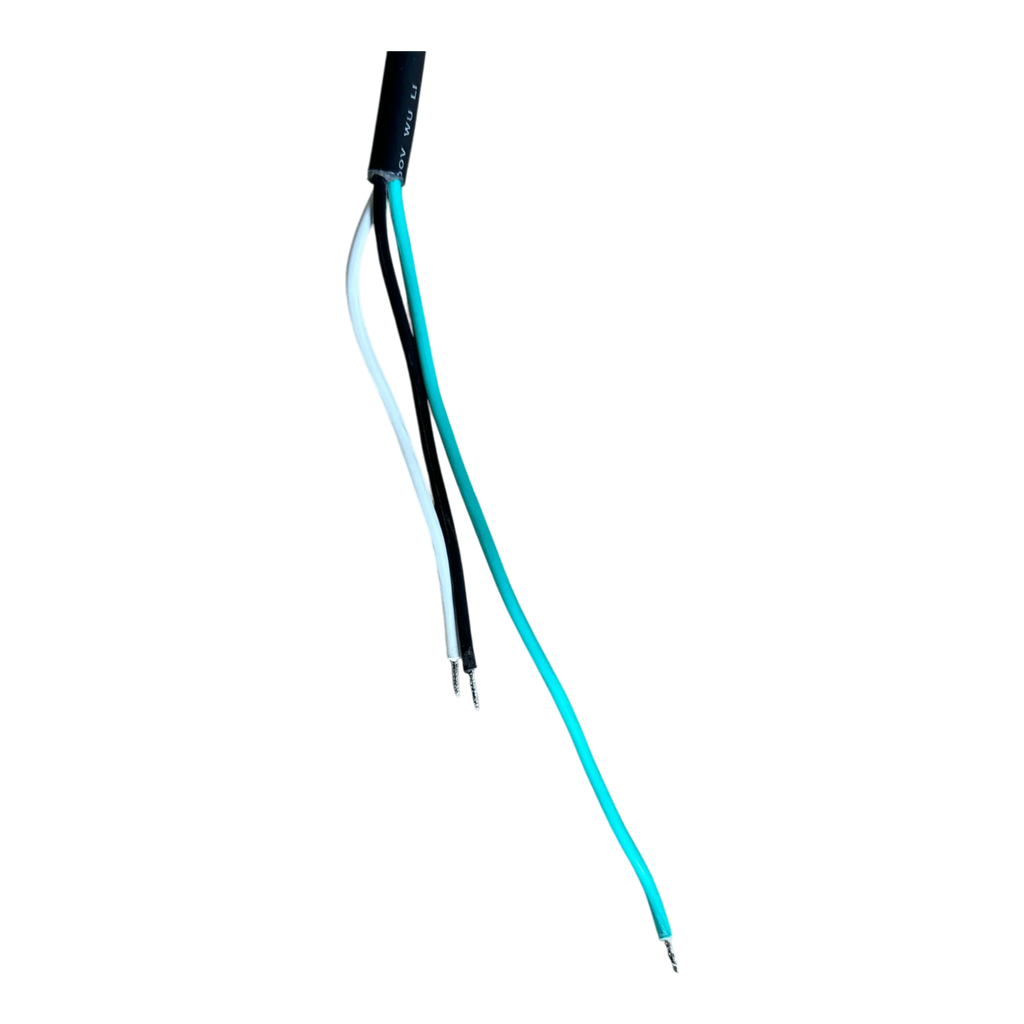Three exposed black, white, and blue electrical wires extend from the 15 ft. cord of the PIERCE 2 function Momentary Hard-Wired Control Pendant by PIERCE, often used in water-resistant or industrial control pendant setups.