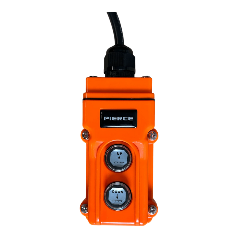The PIERCE 2 function momentary hard-wired control pendant features a water-resistant design, a 15 ft. cord, and two buttons labeled UP and DOWN.