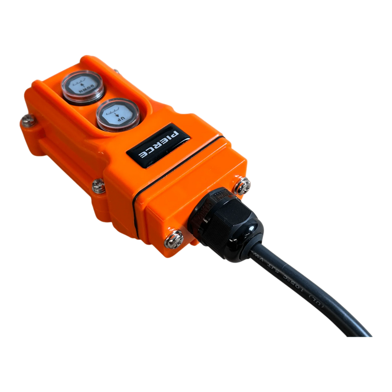 The PIERCE 2 function Momentary Hard-Wired Control Pendant features a 15 ft. cord, two gauges, and a water-resistant design for industrial control applications.