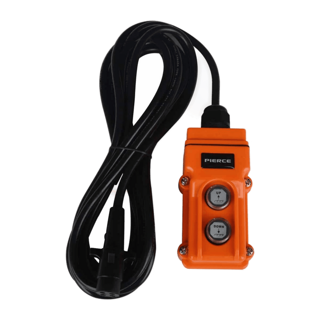 The Asetek Enterprise Company LTD PIERCE 2-function momentary hard-wired control pendant features UP/DOWN buttons, a 15 ft. cord with 4-prong vulcanized plug, and is compatible with PIERCE 654 series wormgear winches.