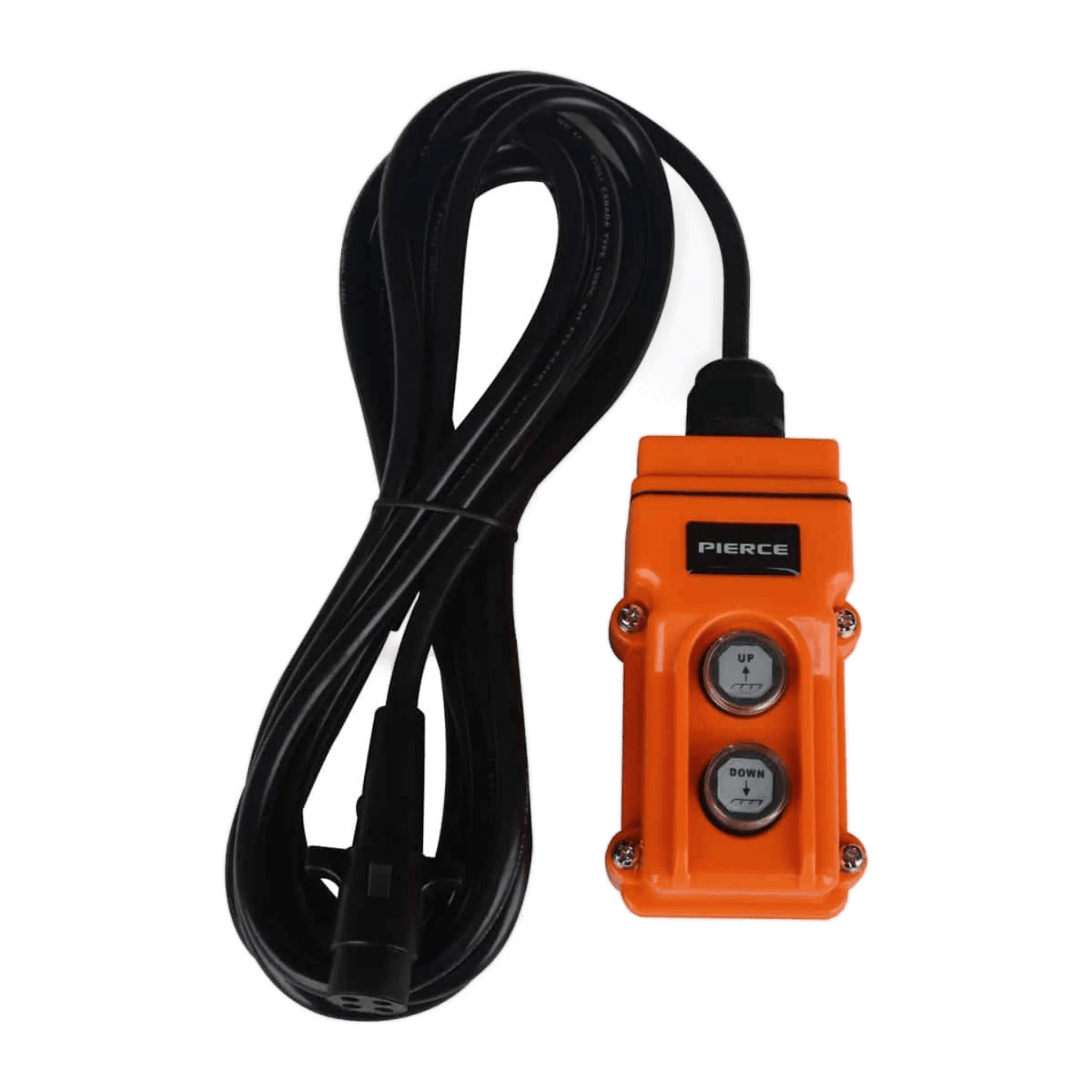 The Asetek Enterprise Company LTD PIERCE 2-function momentary hard-wired control pendant features UP/DOWN buttons, a 15 ft. cord with 4-prong vulcanized plug, and is compatible with PIERCE 654 series wormgear winches.