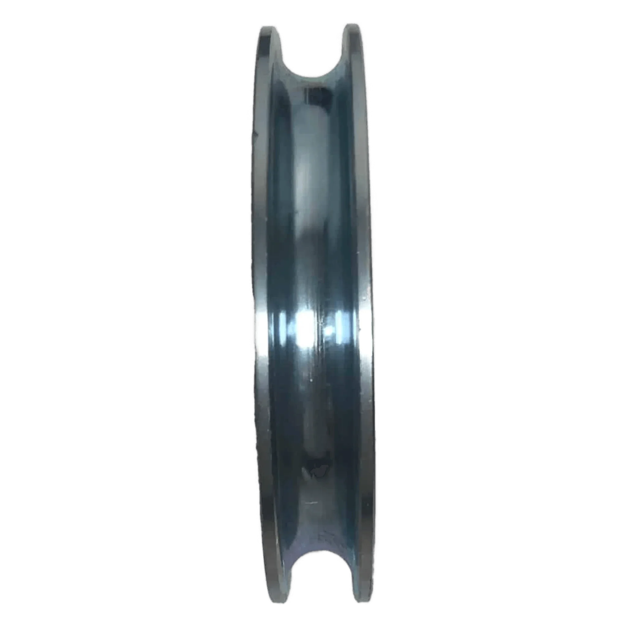 Side view of a PIERCE Cable Sheave | 4 in, metal with grooves and a 7/8" bore, isolated on a white background.