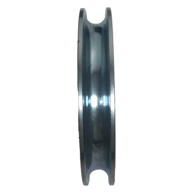 Side view of a PIERCE Cable Sheave | 4 in, metal with grooves and a 7/8" bore, isolated on a white background.