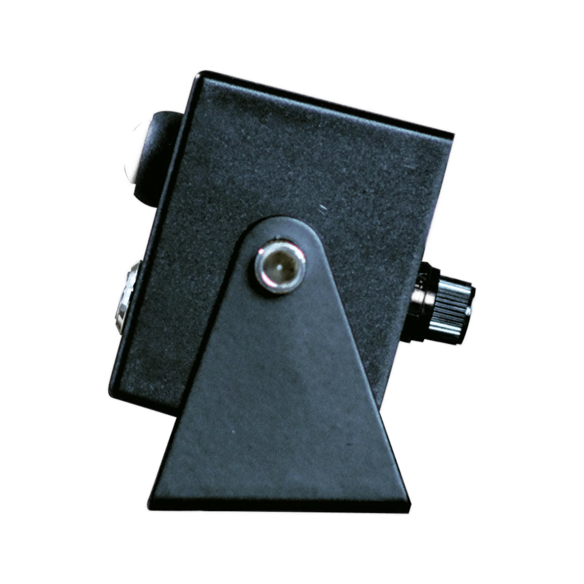 A Cattle Cube Counter by PIERCE, a compact black electronic device featuring knobs, an LED screen, and connectors mounted on a triangular metal bracket displayed against a white background.