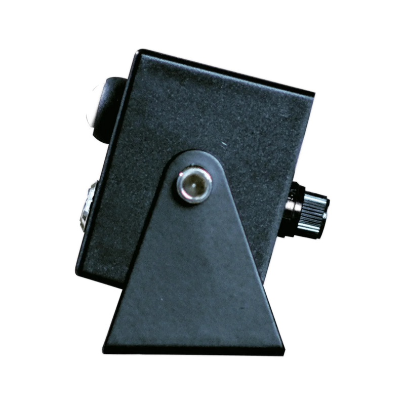 A Cattle Cube Counter by PIERCE, a compact black electronic device featuring knobs, an LED screen, and connectors mounted on a triangular metal bracket displayed against a white background.