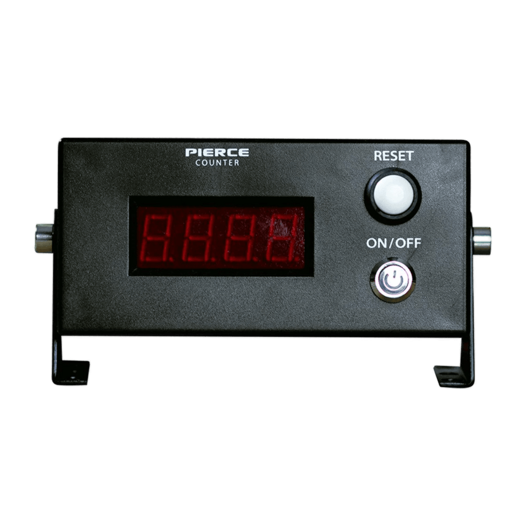 The Cattle Cube Counter by PIERCE features a digital interface with an LED display, clearly labeled as the Pierce Counter. It is equipped with user-friendly buttons for reset and on/off, offering effortless tracking of feeding costs.