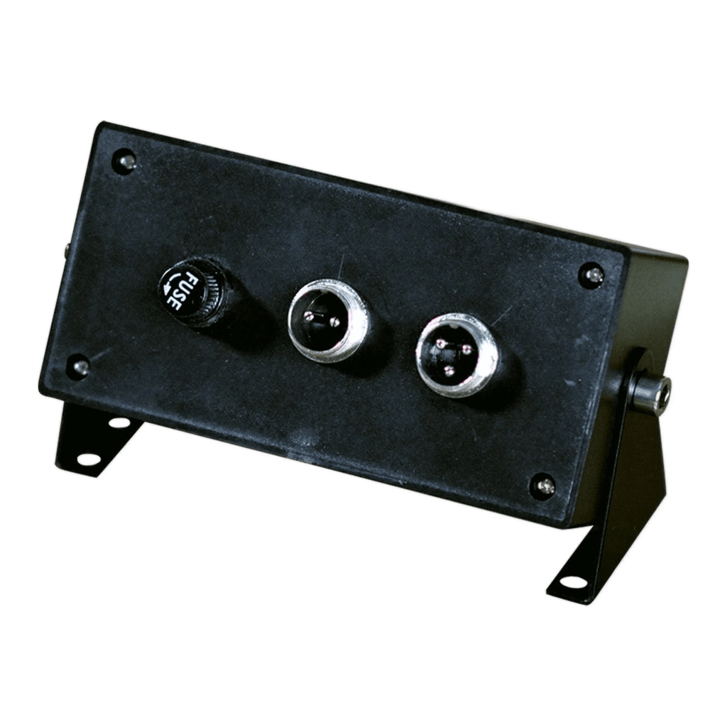 The Cattle Cube Counter by PIERCE, now featuring an LED screen, is a sleek black electronic box equipped with two circular connectors and a fuse for enhanced functionality.