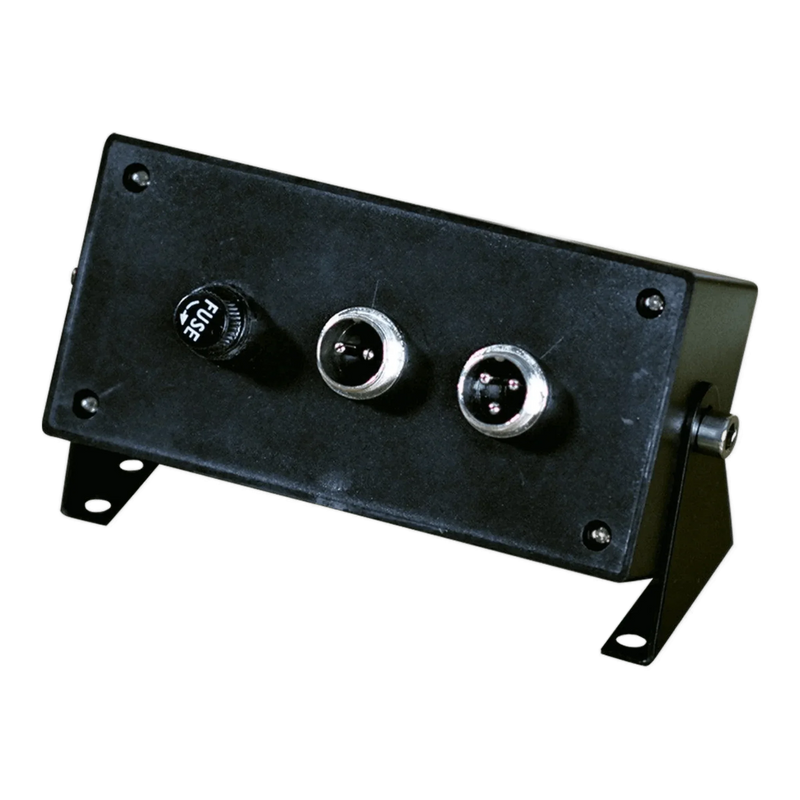 The Cattle Cube Counter by PIERCE, now featuring an LED screen, is a sleek black electronic box equipped with two circular connectors and a fuse for enhanced functionality.