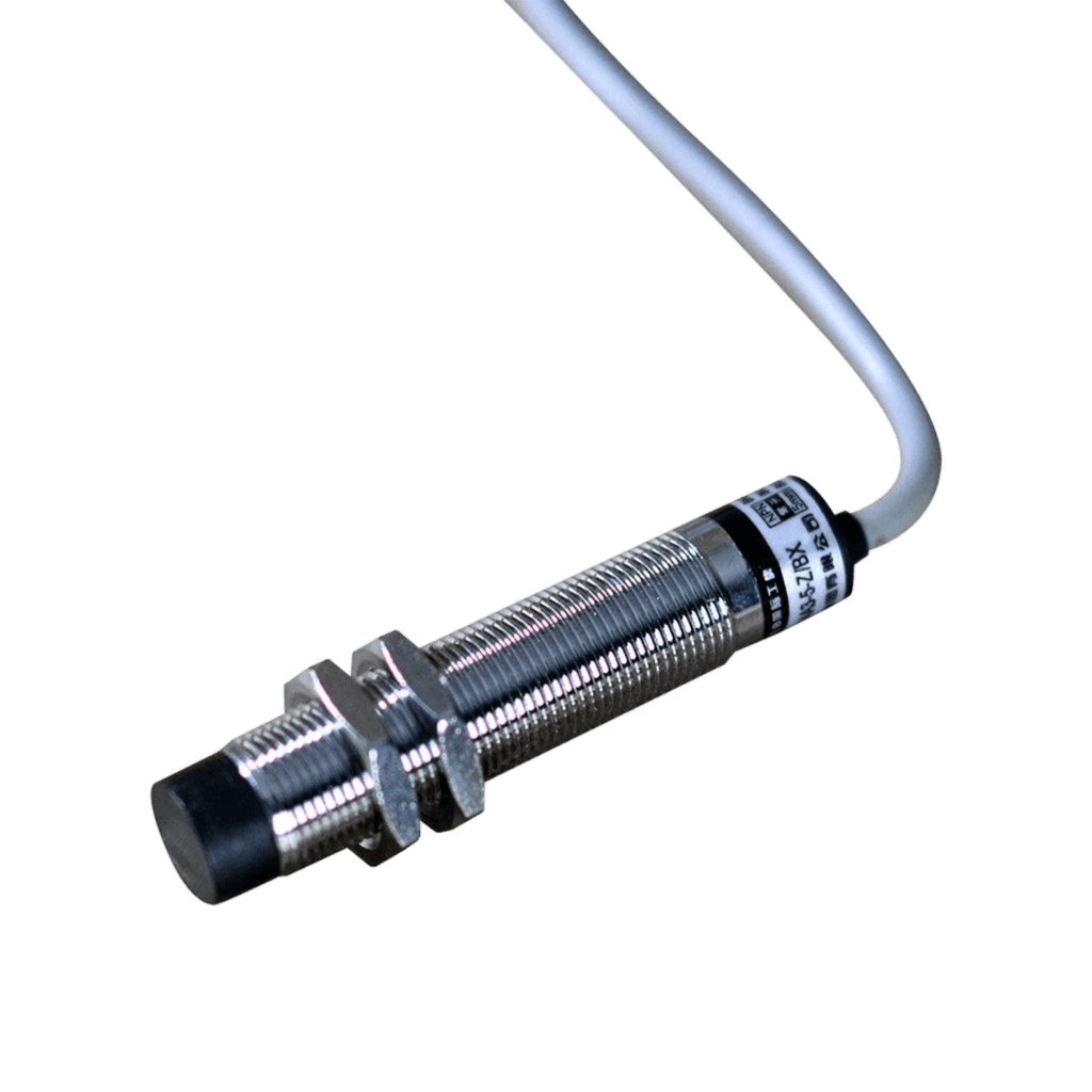 Close-up of a cylindrical metal proximity sensor with a cable attached, seamlessly integrated into the Cattle Cube Counter system by PIERCE to optimize feeding costs.